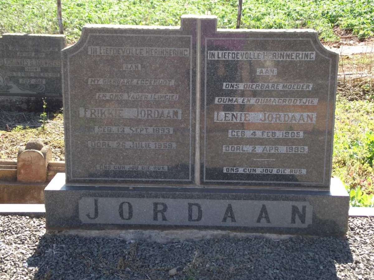 JORDAAN Frikkie 1893-1959 &amp; Lenie 1905-1999