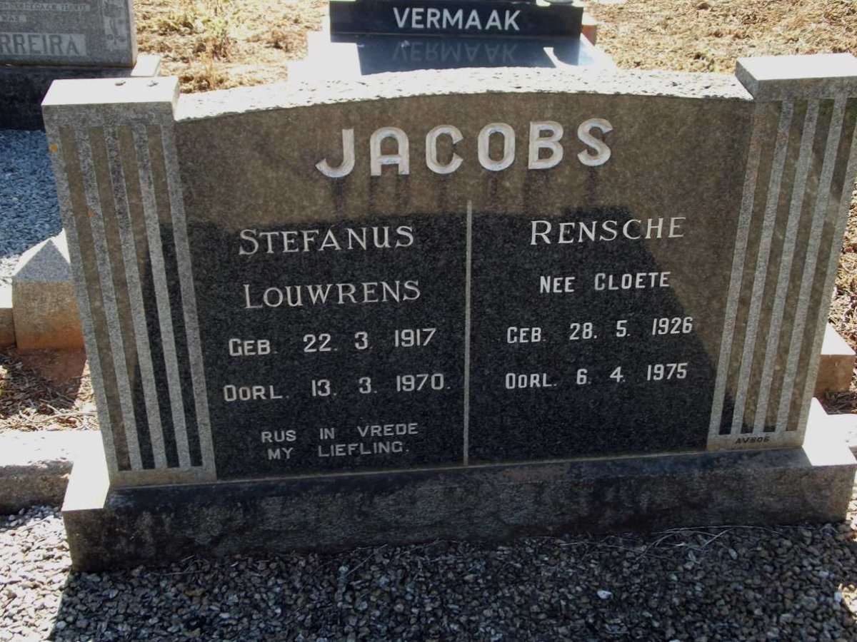 JACOBS Stefanus Louwrens 1917-1970 &amp; Rensche CLOETE 1926-1975