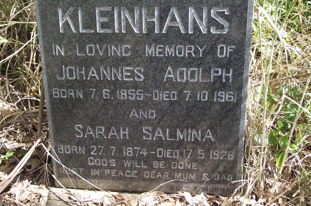 KLEINHANS Johannes Adolph 1855-1961 &amp; Sarah Salmina 1874-1926