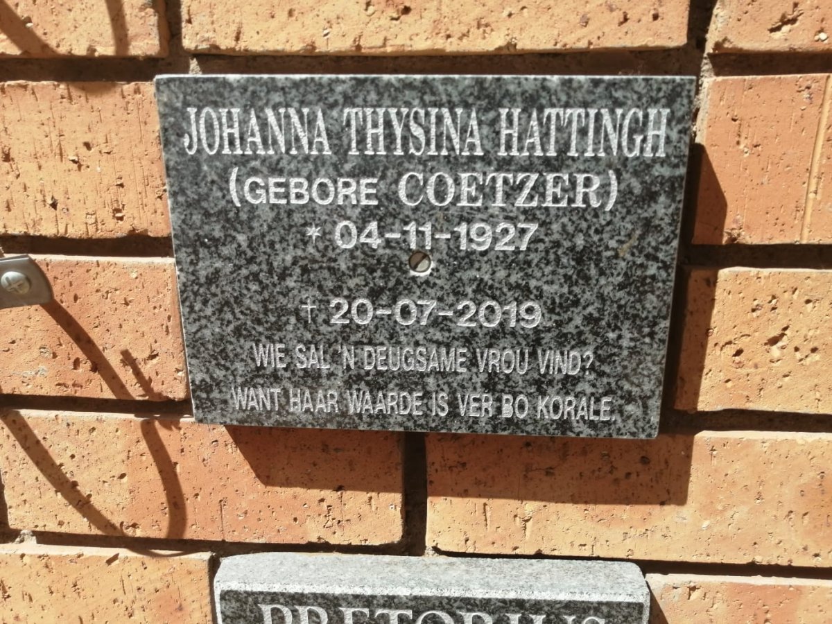 HATTINGH Johanna Thysina nee COETZER 1927-2019