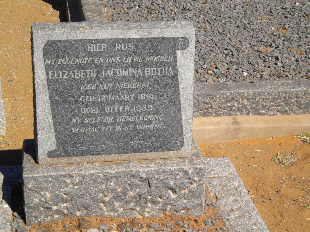 BOTHA Elizabeth Jacomina nee VAN NIEKERK 1891-1939