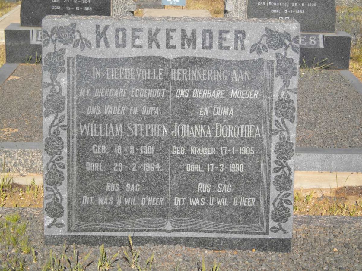KOEKEMOER William Stephen 1901-1964 &amp; Johanna Dorothea KRUGER 1905-1990