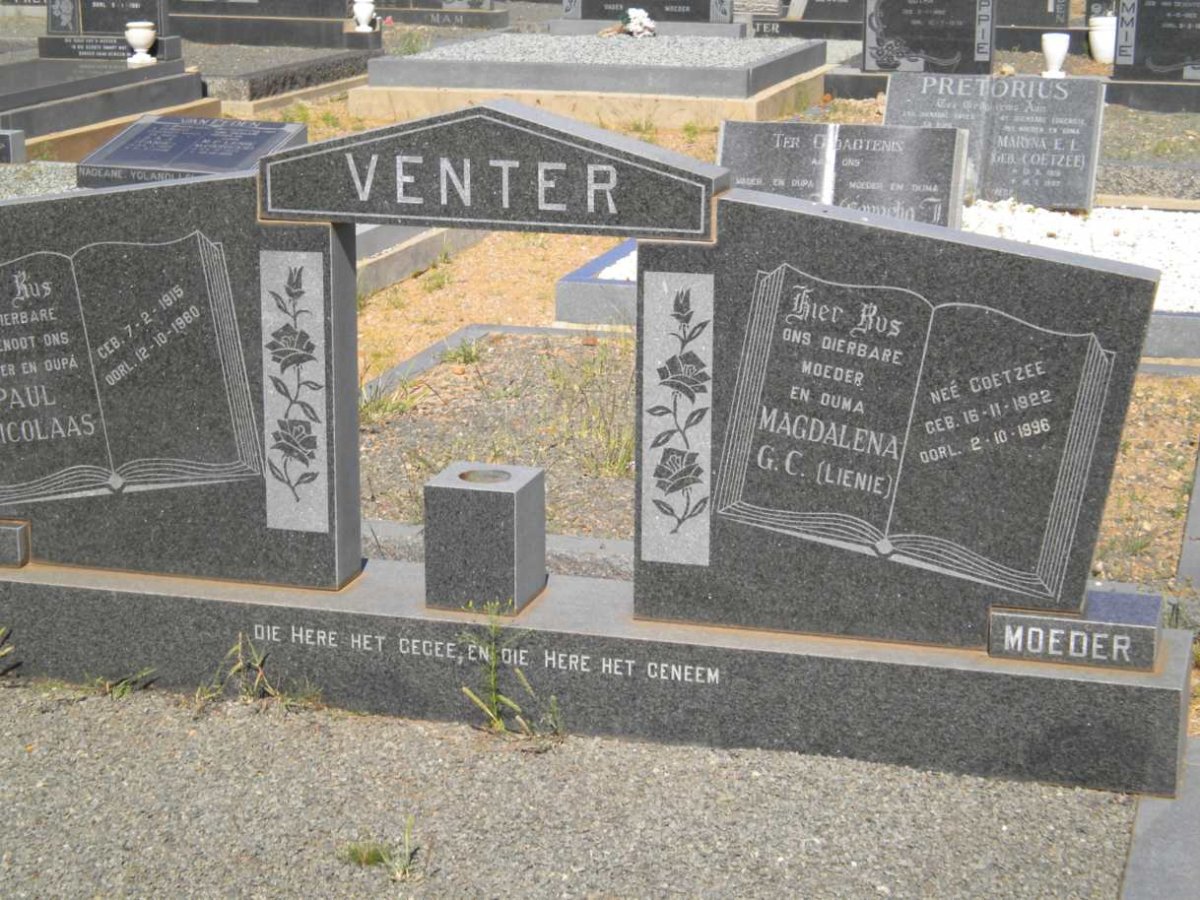 VENTER Paul Nicolaas 1918-1980 &amp; Magdalena G.C. COETZEE 1922-1996