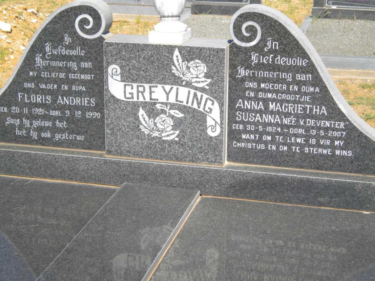 GREYLING Floris ANdries 1921-1990 &amp; Anna Magrietha Susanna  V. DEVENTER 1924-2007