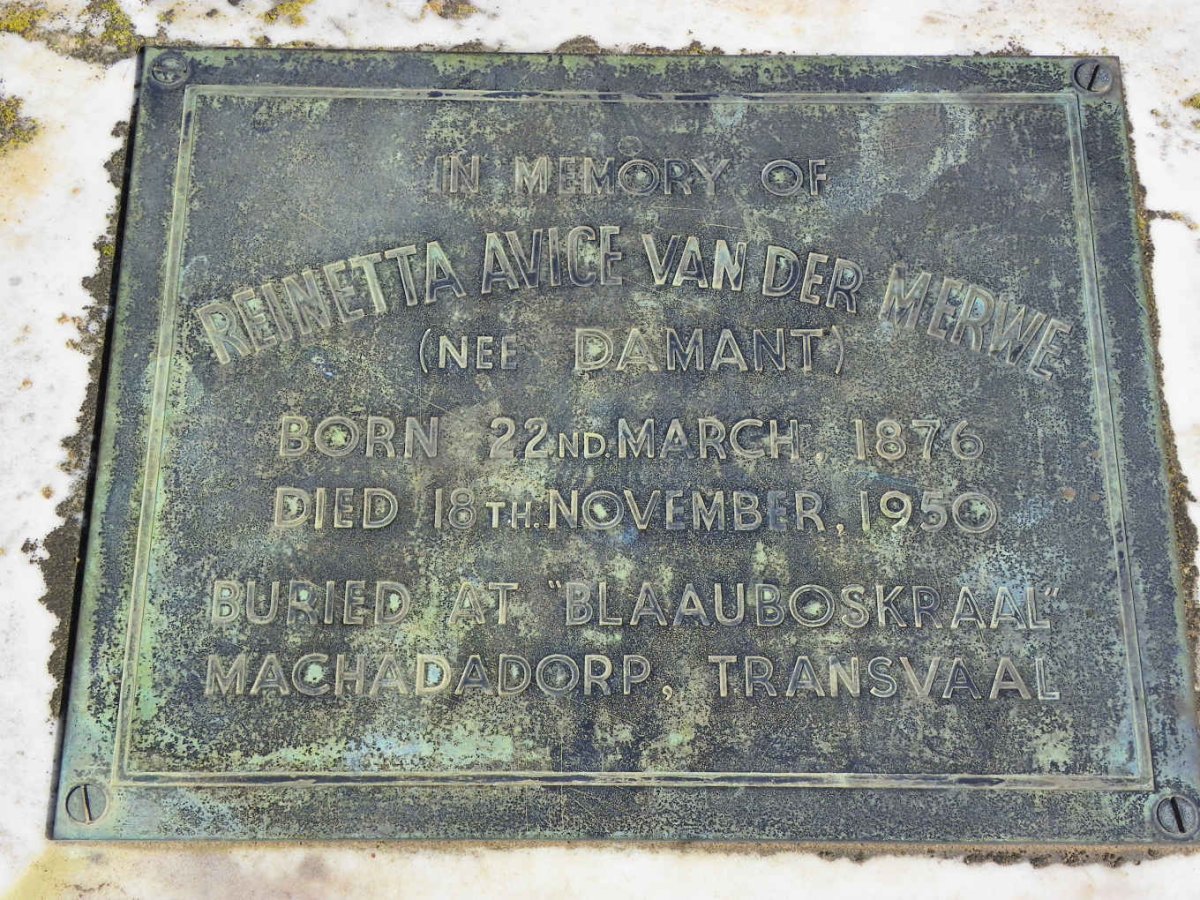 MERWE Reinetta Avice, van der nee DAMANT 1876-1950
