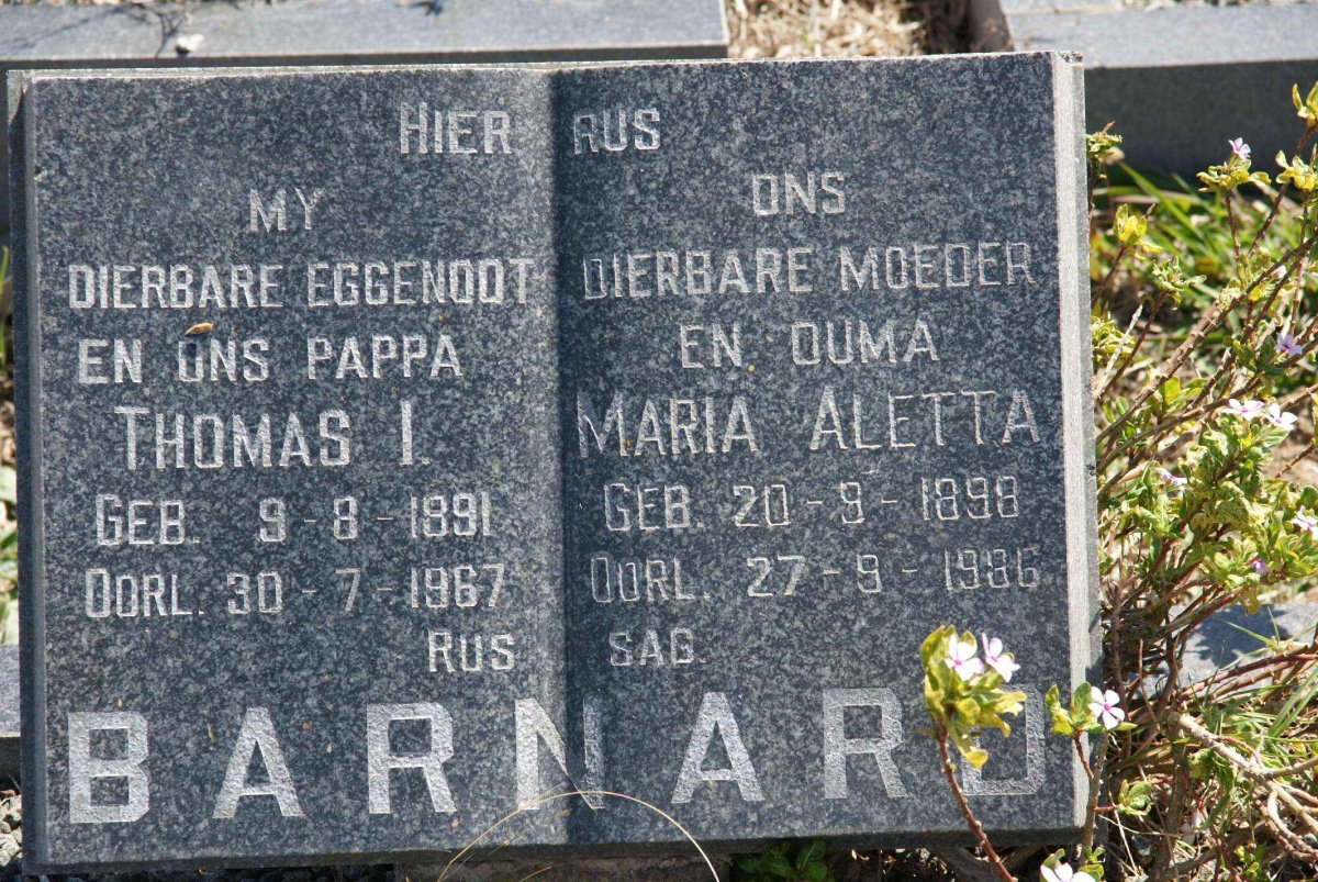 BARNARD Thomas I. 1891-1967 &amp; Maria Aletta 1898-1986