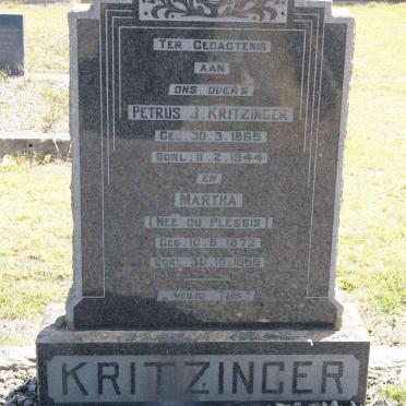 KRITZINGER Petrus J. 1865-1944 &amp; Martha DU PLESSIS 1872-1955