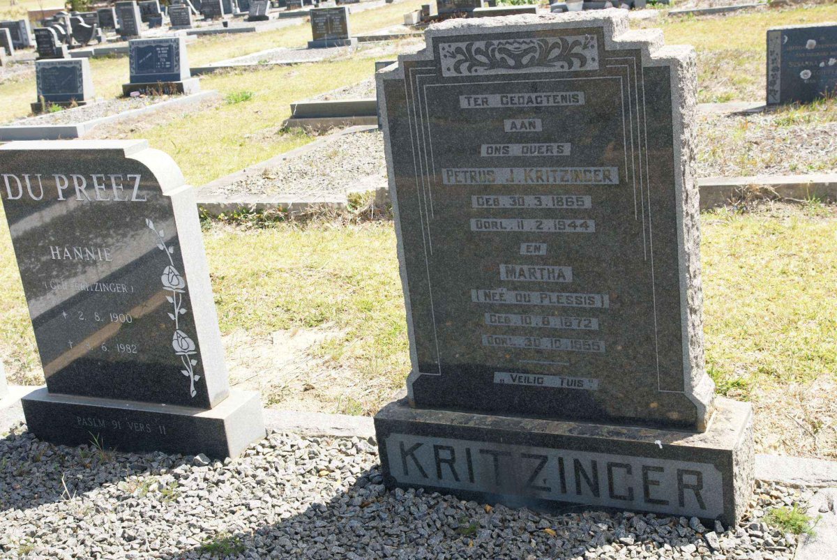 KRITZINGER Petrus J. 1865-1944 &amp; Martha DU PLESSIS 1872-1955 :: DU PREEZ Hannie nee KRITZINGER 1900-1982