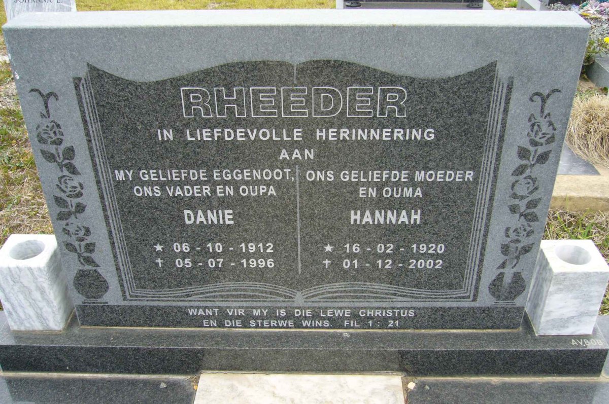 RHEEDER Danie 1912-1996 &amp; Hannah 1920-2002