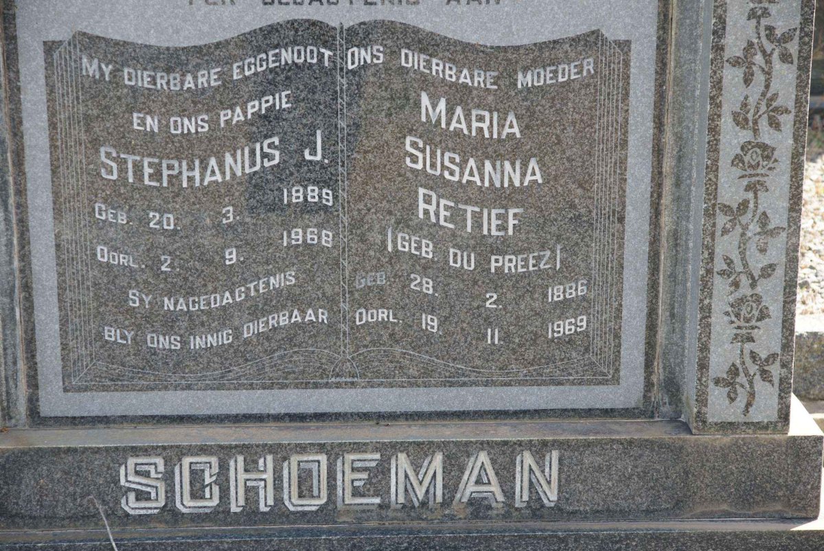 SCHOEMAN Stephanus J. 1889-1968 &amp; Maria Susanna Retief DU PREEZ 1886-1969