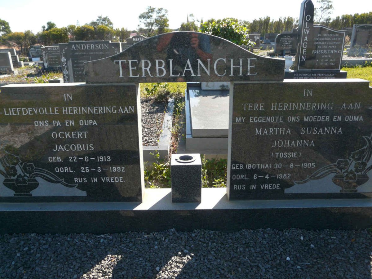 TERBLANCHE Ockert Jacobus 1913-1992 &amp; Martha Susanna Johanna  BOTHA 1905-1982