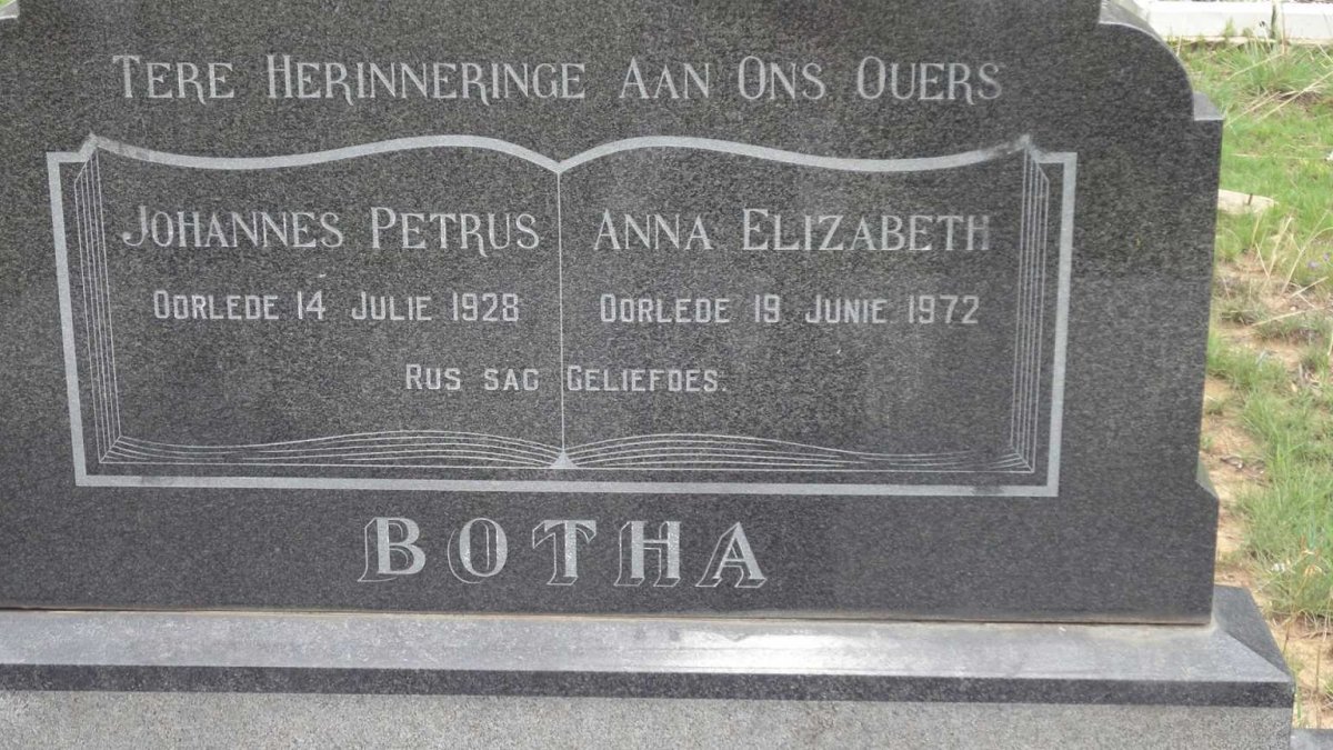 BOTHA Johannes Petrus -1928 &amp; Anna Elizabeth -1972