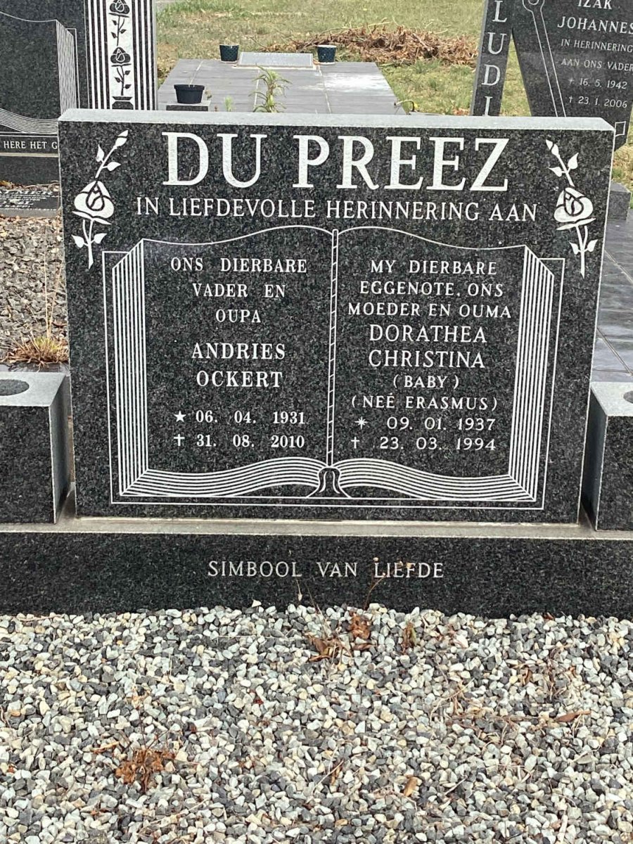 PREEZ Andries Ockert, du 1931-2010 &amp; Dorathea Christina ERASMUS 1937-1994