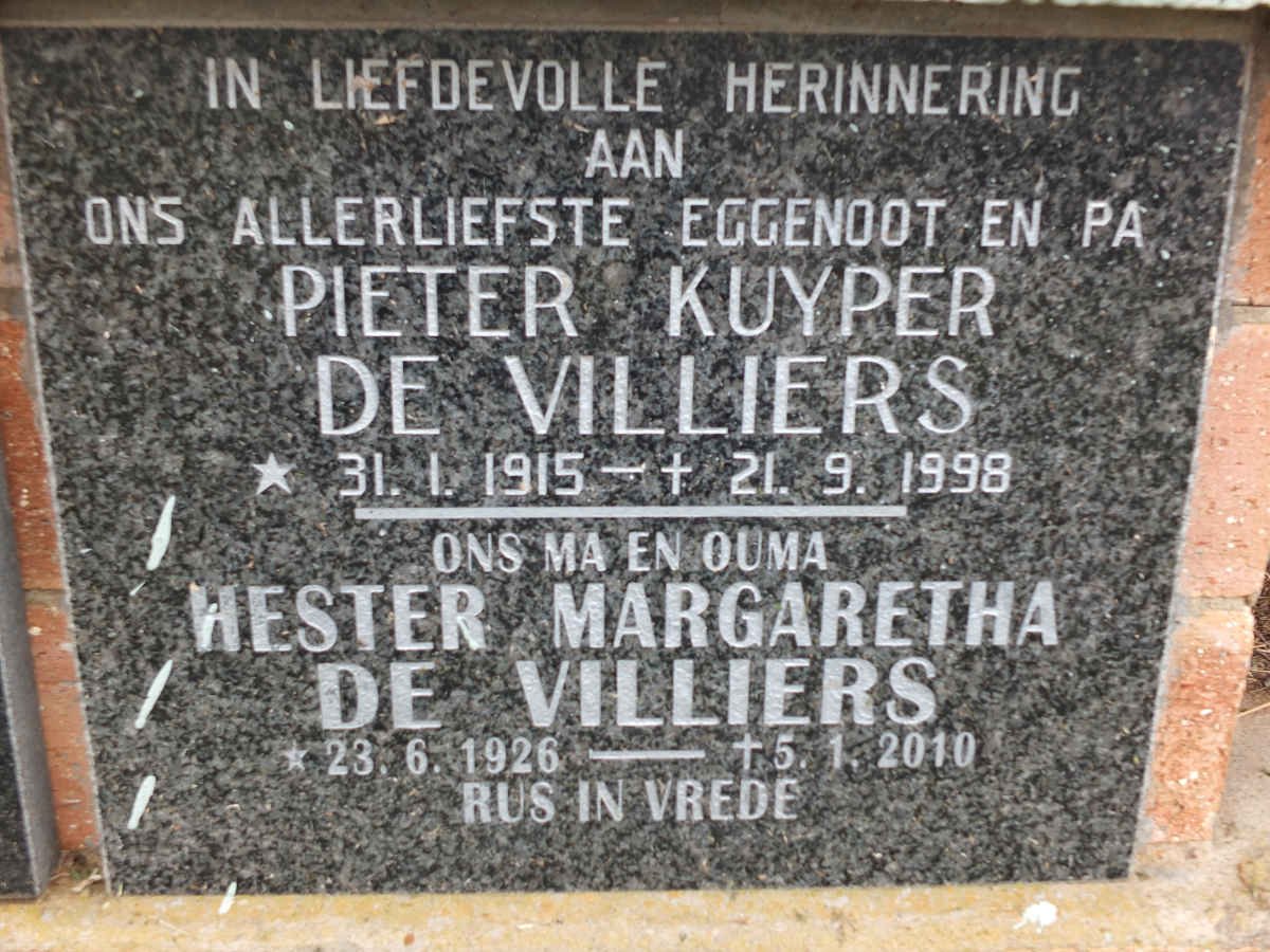 VILLIERS Pieter Kuyper, de 1915-1998 &amp; Hester Margaretha 1926-2010