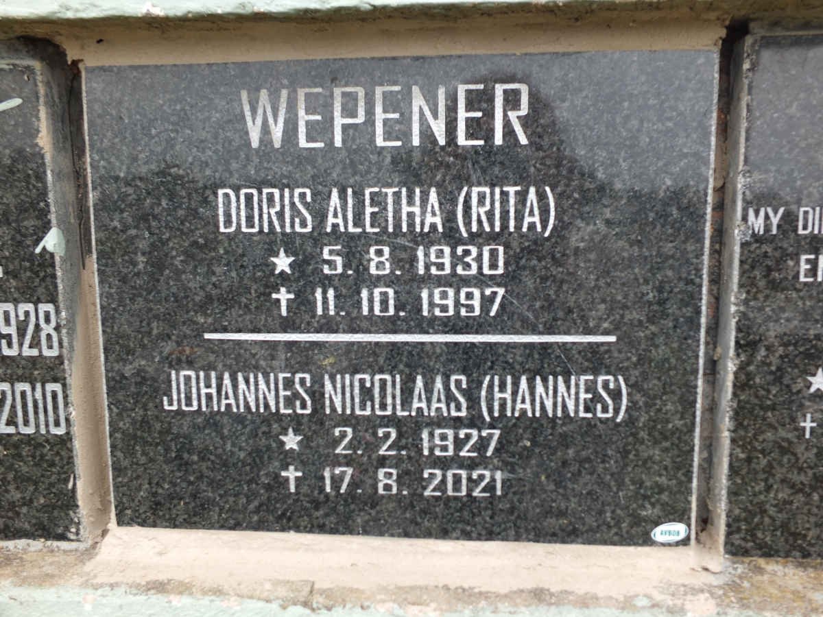 WEPENER Johannes Nicolaas 1927-2021 &amp; Doris Aletha 1930-1997