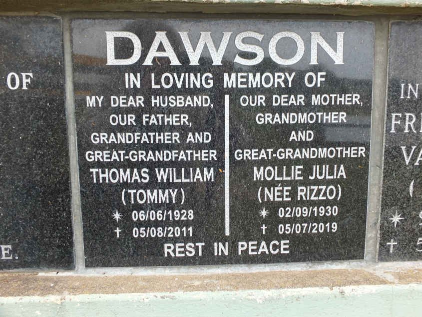DAWSON Thomas William 1928-2011 &amp; Mollie Julia RIZZO 1930-2019