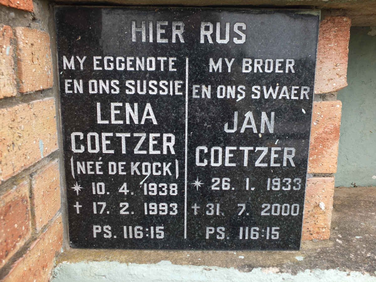 COETZER Jan 1933-2000 &amp; Lena De KOCK 1938-1993