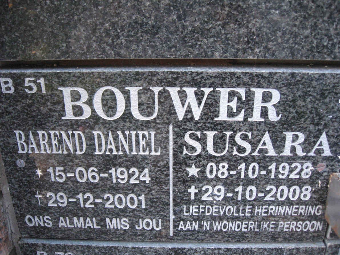 BOUWER Barend Daniel 1924-2001 &amp; Susara 1928-2008