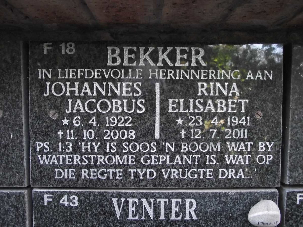 BEKKER Johannes Jacobus 1922-2008 &amp; Rina Elisabet 1941-2011