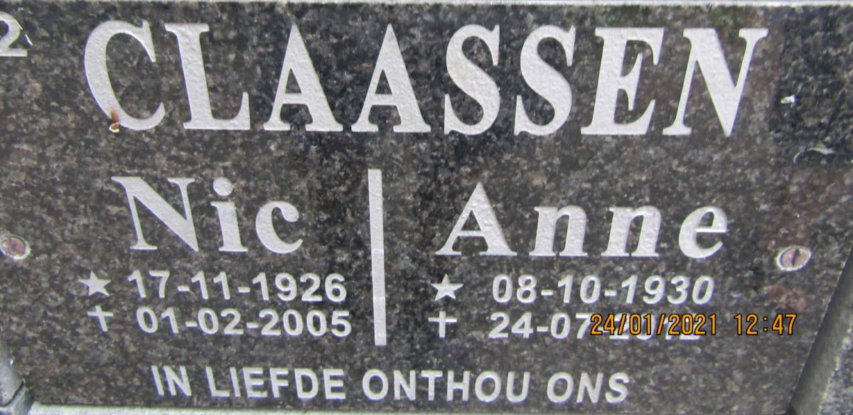 CLAASSEN Nic 1926-2005 &amp; Anne 1930-2012