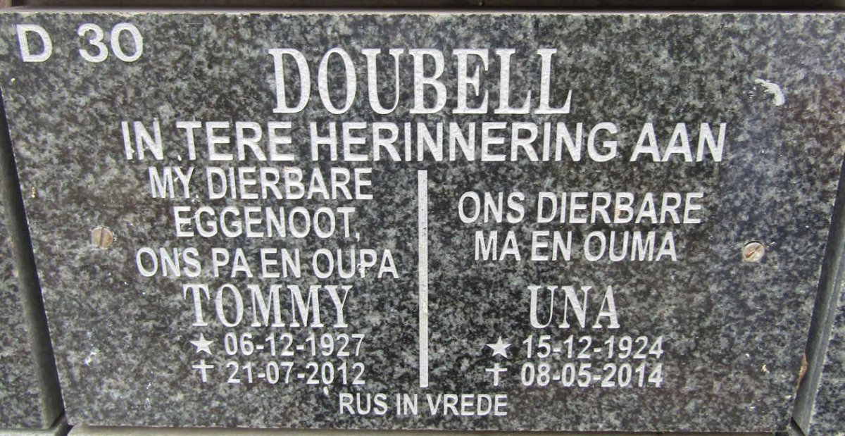 DOUBELL Tommy 1927-2012 &amp; Una 1924-2014
