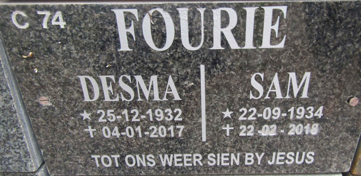 FOURIE Sam 1934-2018 &amp; Desma 1932-2017