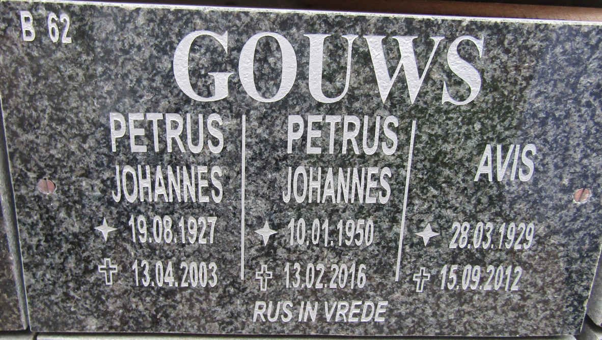 GOUWS Petrus Johannes 1927-2003 &amp; Avis 1929-2012 :: GOUWS Petrus Johannes 1950-2016