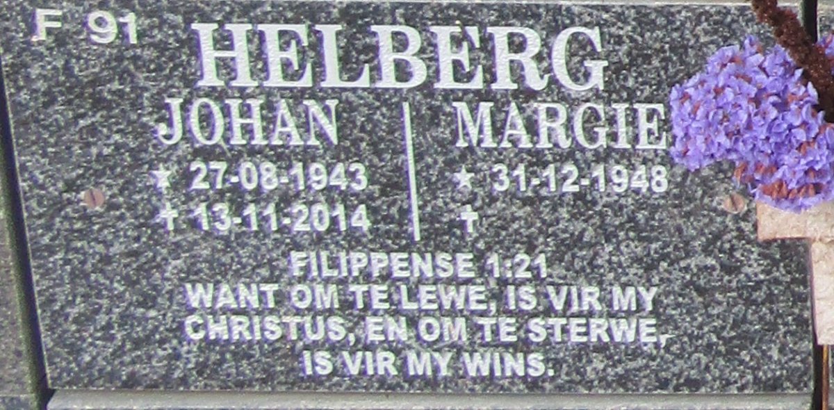 HELBERG Johan 1943-2014 &amp; Margie 1948-