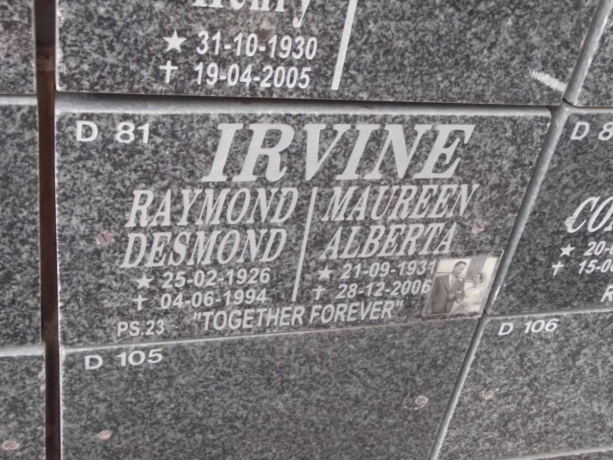 IRVINE Raymond Desmond 1926-1994 &amp; Maureen Alberta 1931-2006