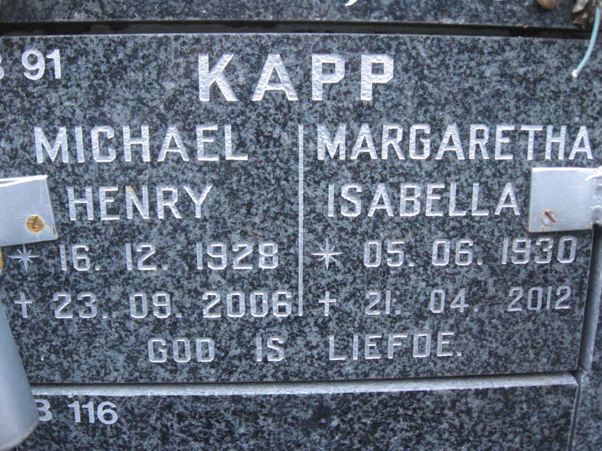 KAPP Michael Henry 1928-2006 &amp; Margaretha Isabella 1930-2012