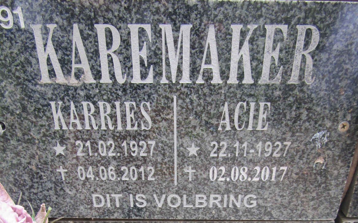KAREMAKER Karries 1927-2012 &amp; Acie 1927-2017