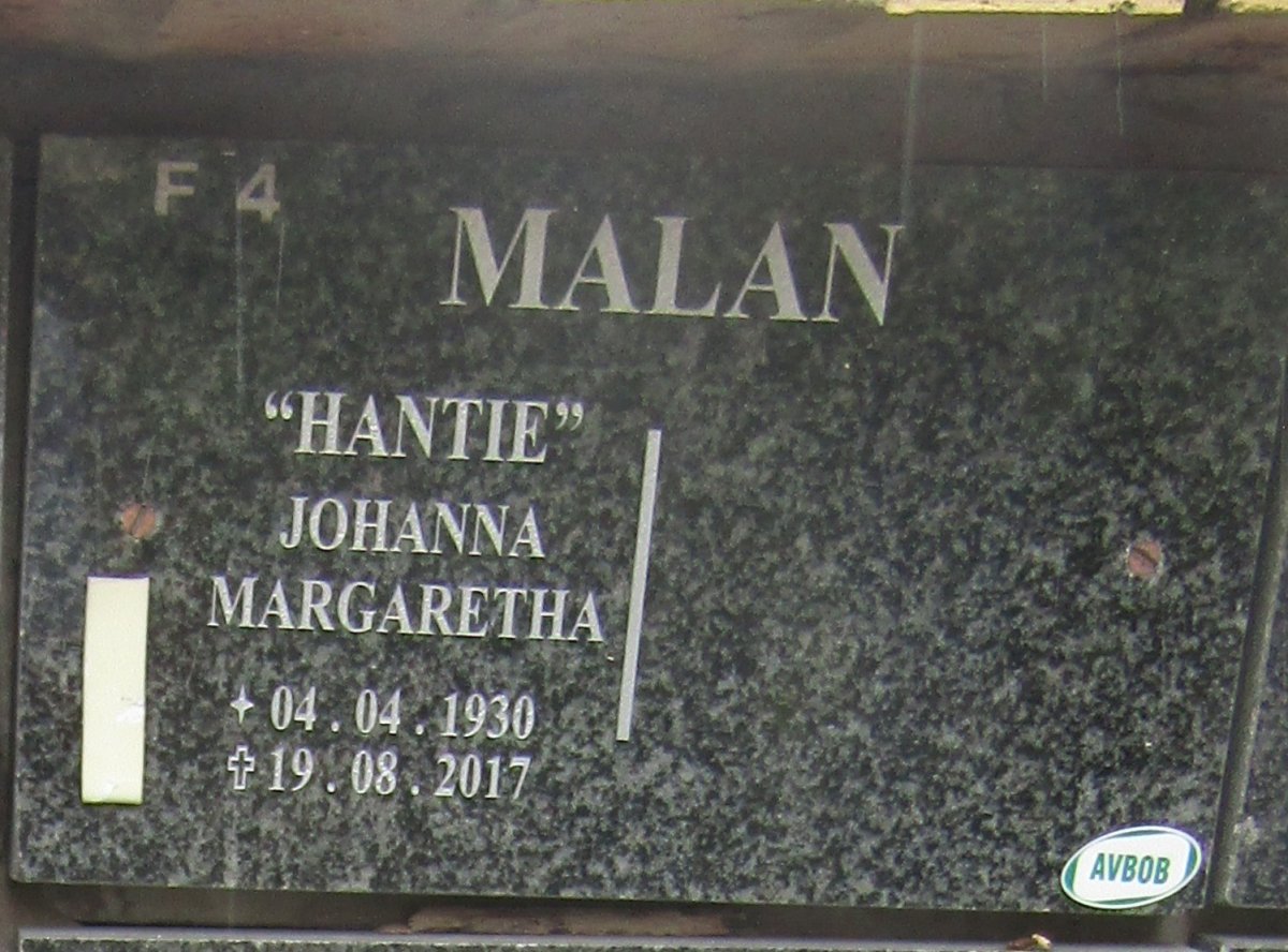 MALAN Johanna Margaretha 1930-2017