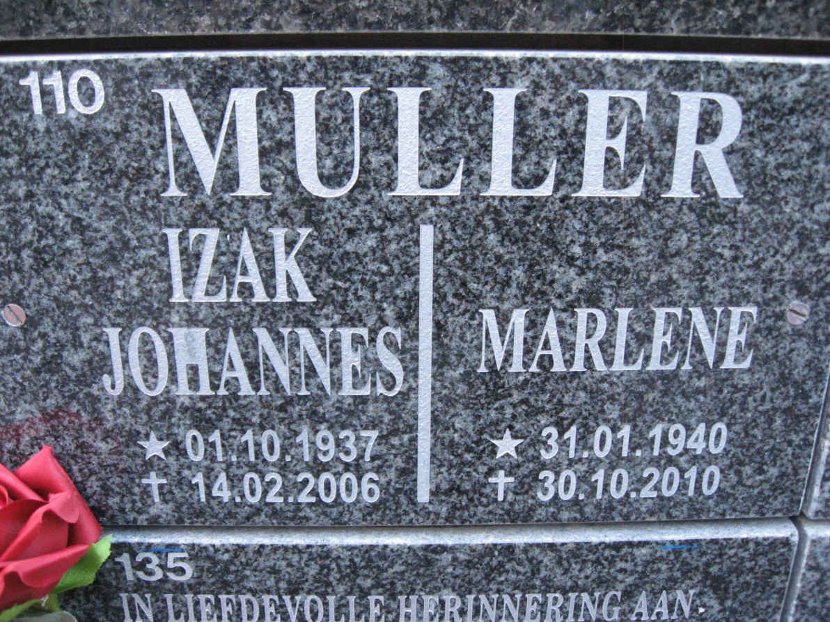 MULLER Izak Johannes 1937-2006 &amp; Marlene 1940-2010