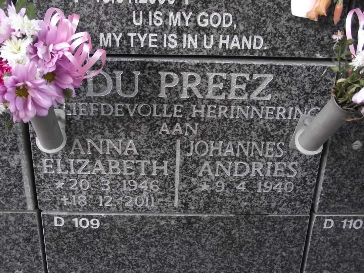 PREEZ Johannes Andries, du 1940- &amp; Anna Elizabeth 1946-2011