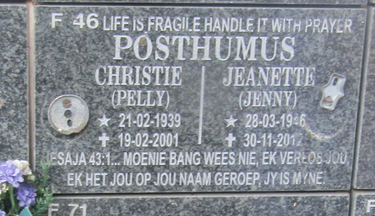 POSTHUMUS Christie 1939-2001 &amp; Jeanette 1946-2012