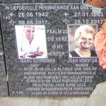 SCHOEMAN Isaac 1942-2017 &amp; Joan VORSTER 1943-2017
