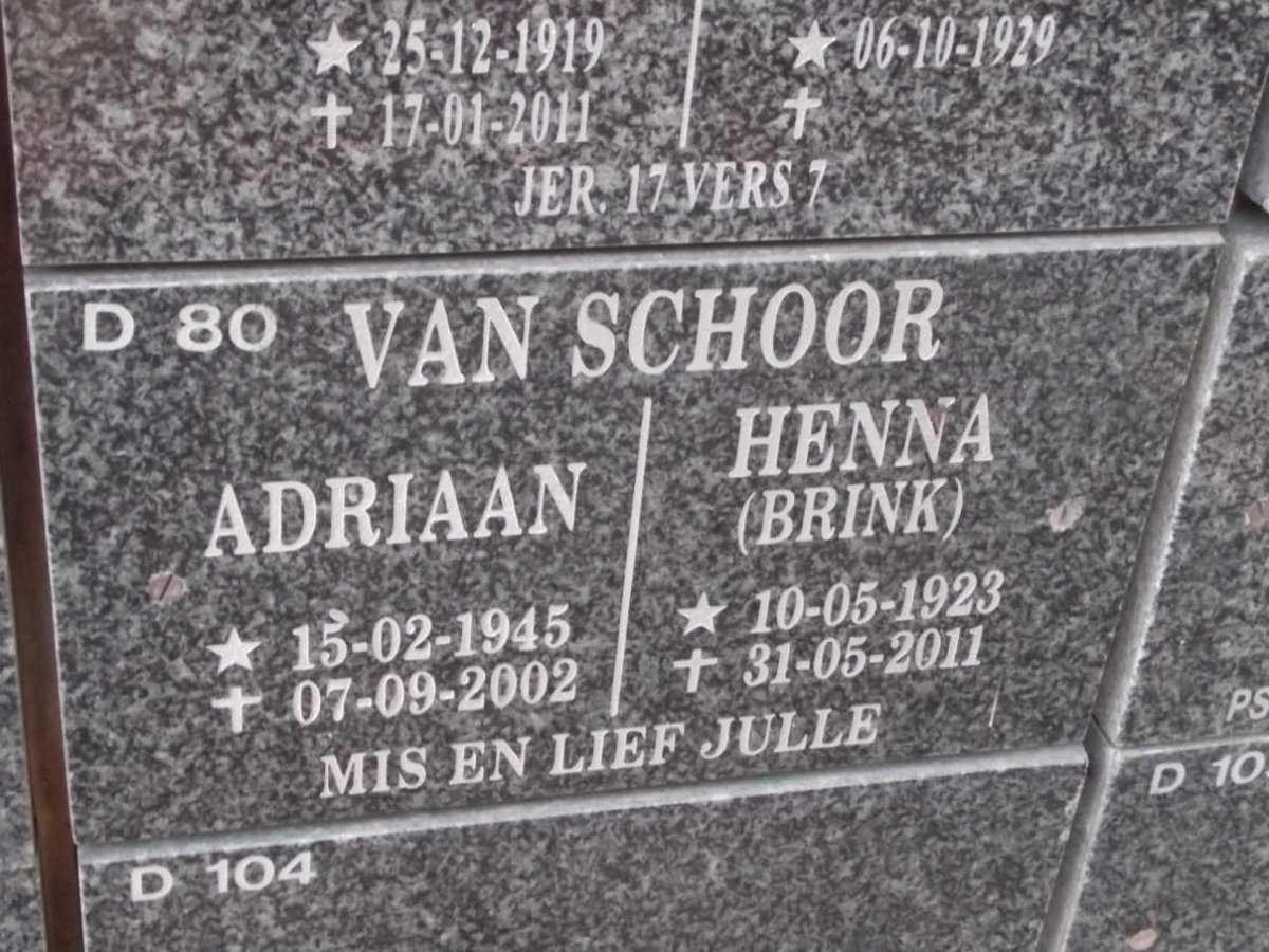 SCHOOR Adriaan, van 1945-2002 &amp; Henna BRINK 1923-2011