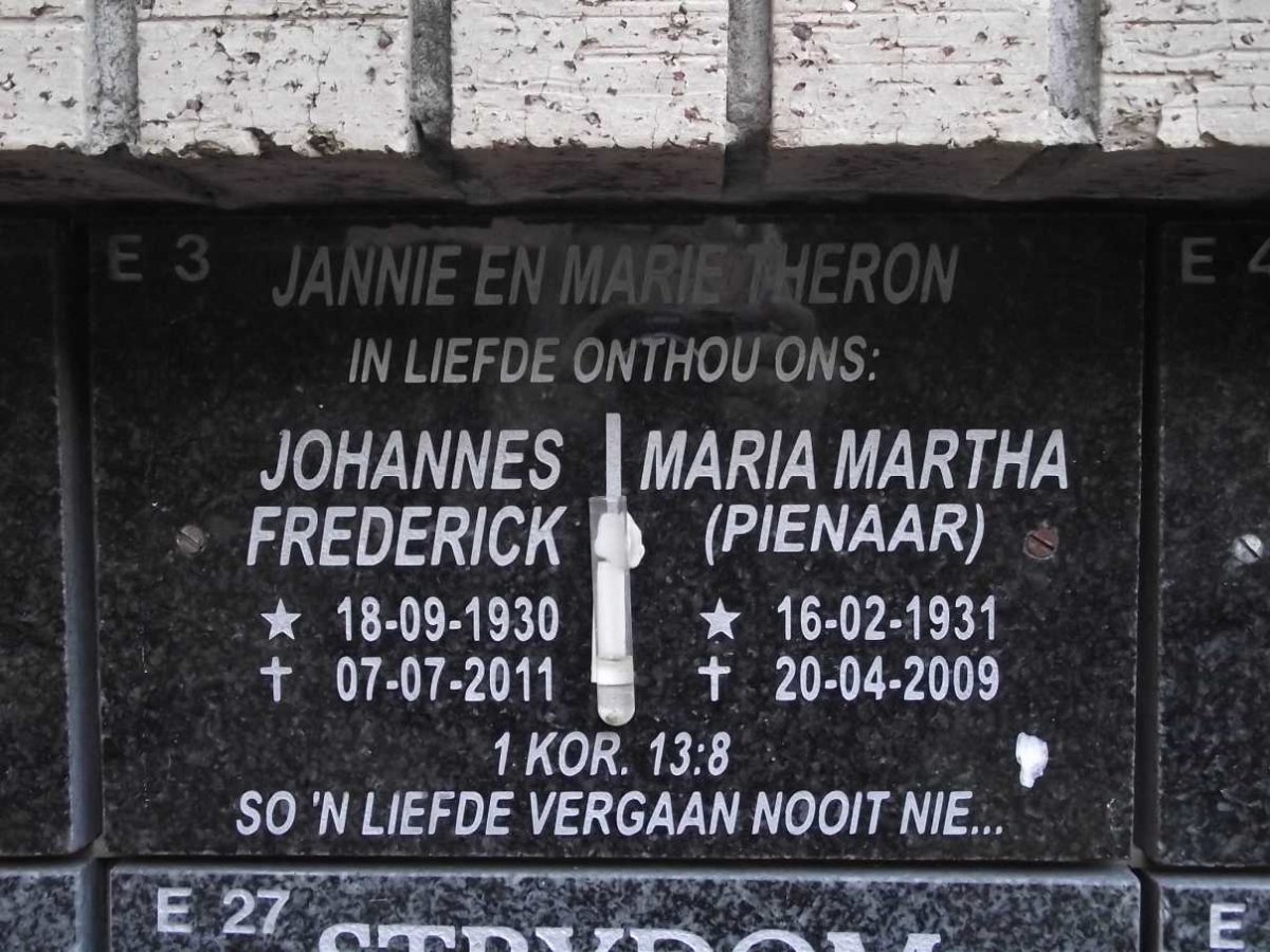 THERON Johannes Frederick 1930-2011 &amp; Maria Martha PIENAAR 1931-2009