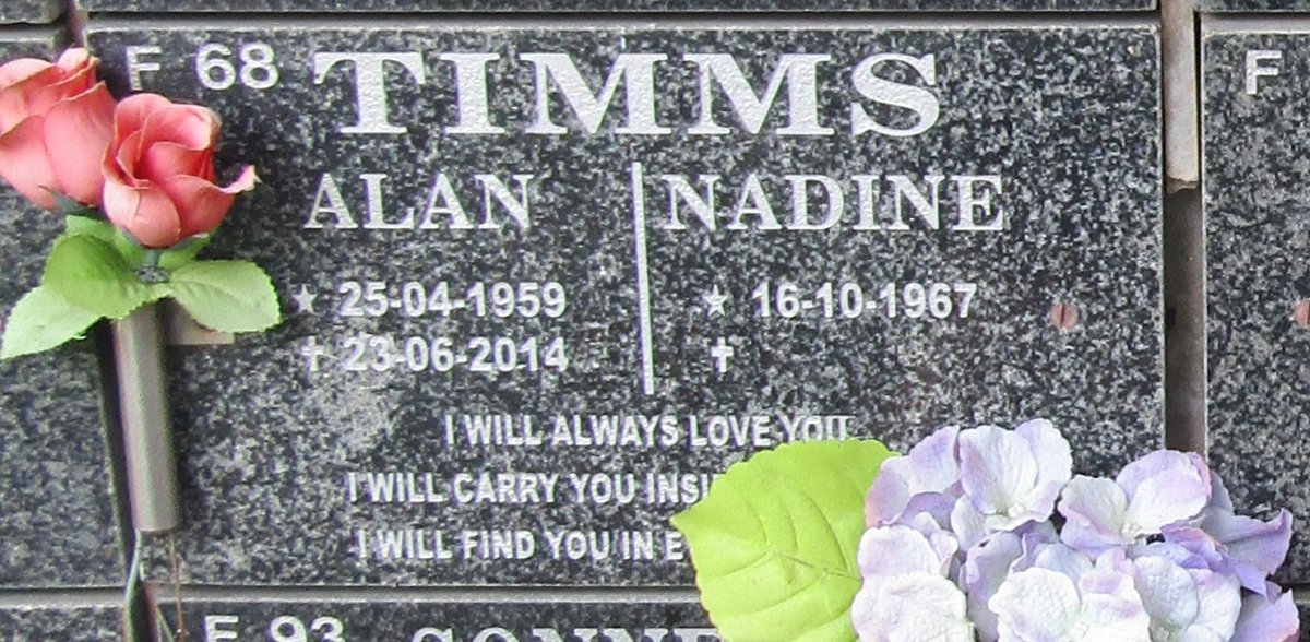 TIMMS Alan 1959-2014 &amp; Nadine 1967 -