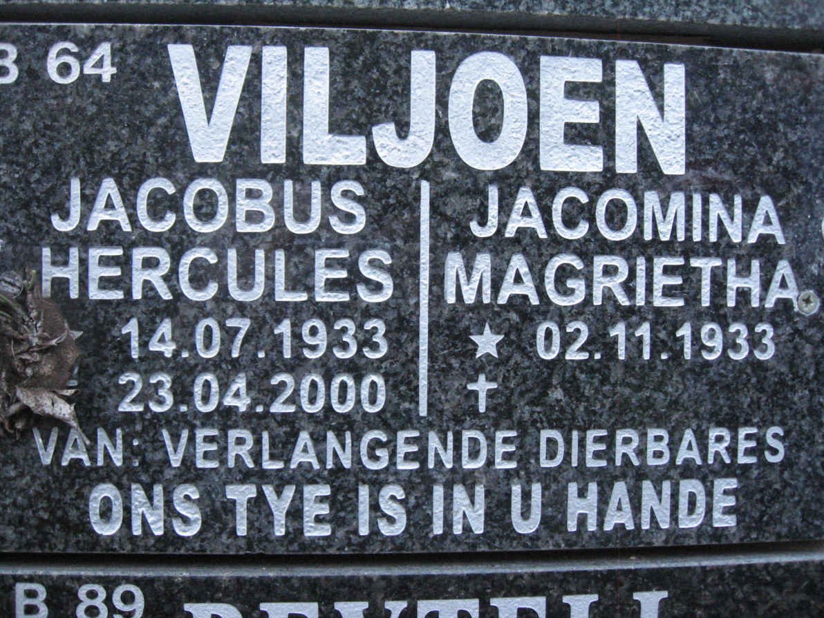 VILJOEN Jacobus Hercules 1933-2000 &amp; Jacomina Magrietha 1933-