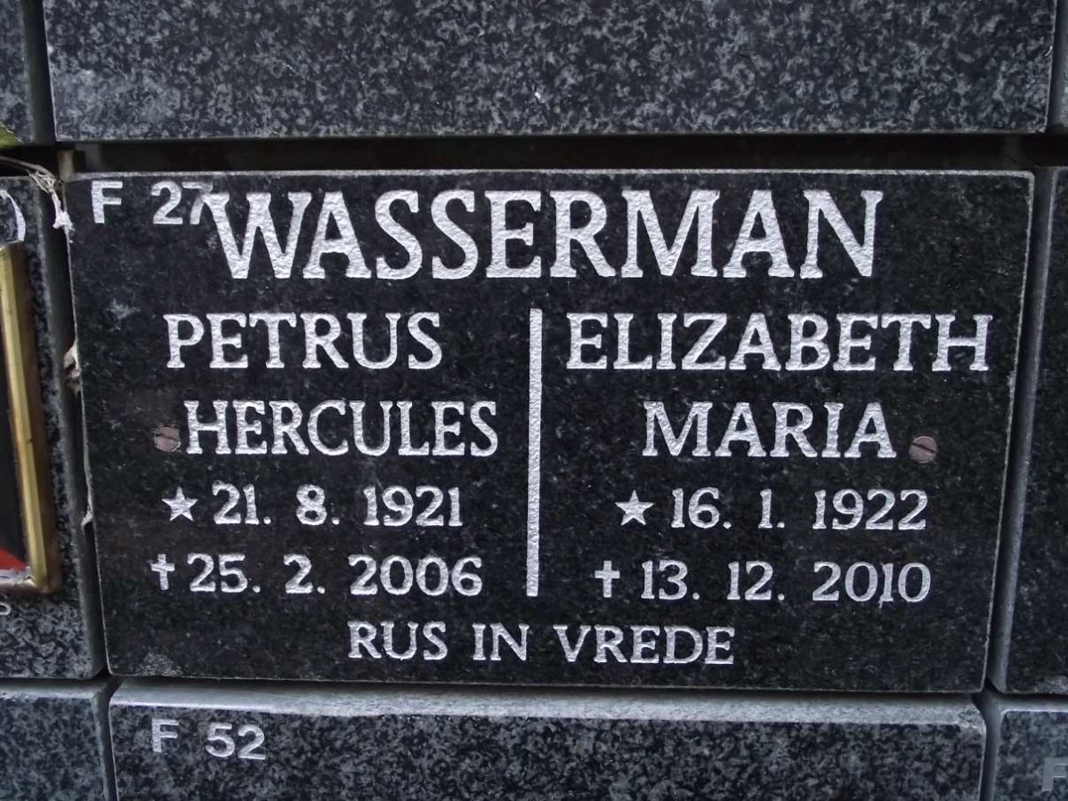 WASSERMAN Petrus Hercules 1921-2006 &amp; Elizabeth Maria 1922-2010