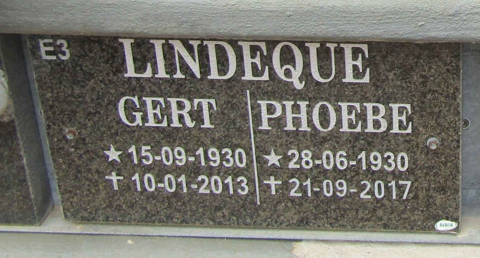 LINDEQUE Gert 1930-2013 &amp; Phoebe 1930-2017