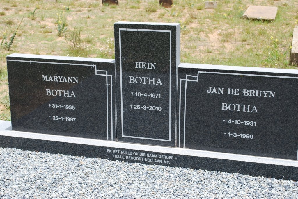 BOTHA Jan De Bruyn 1931-1999 &amp; Maryann 1935-1997 :: BOTHA Hein 1971-2010