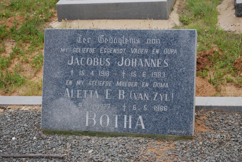 BOTHA Jacobus Johannes 1918-1983 &amp; Aletta E.B. VAN ZYL 1927-1986