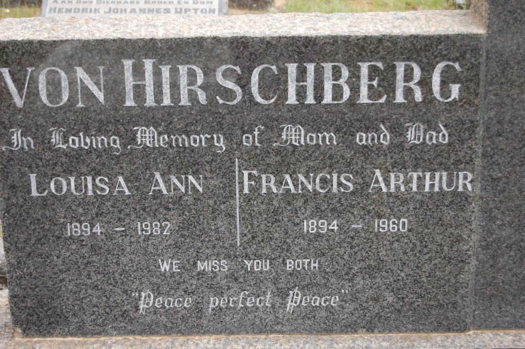 HIRSCHBERG Francis Arthur, von 1894-1960 &amp; Louisa Ann 1894-1982