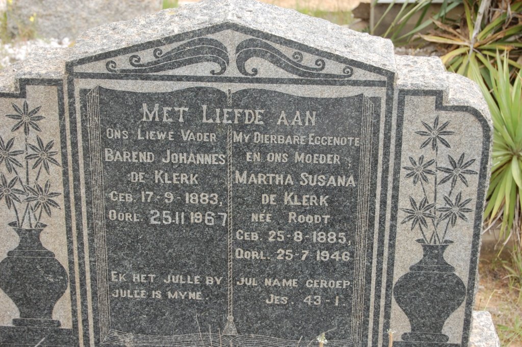 KLERK Barend Johannes, de 1883-1967 &amp; Martha Susana ROODT 1885-1946