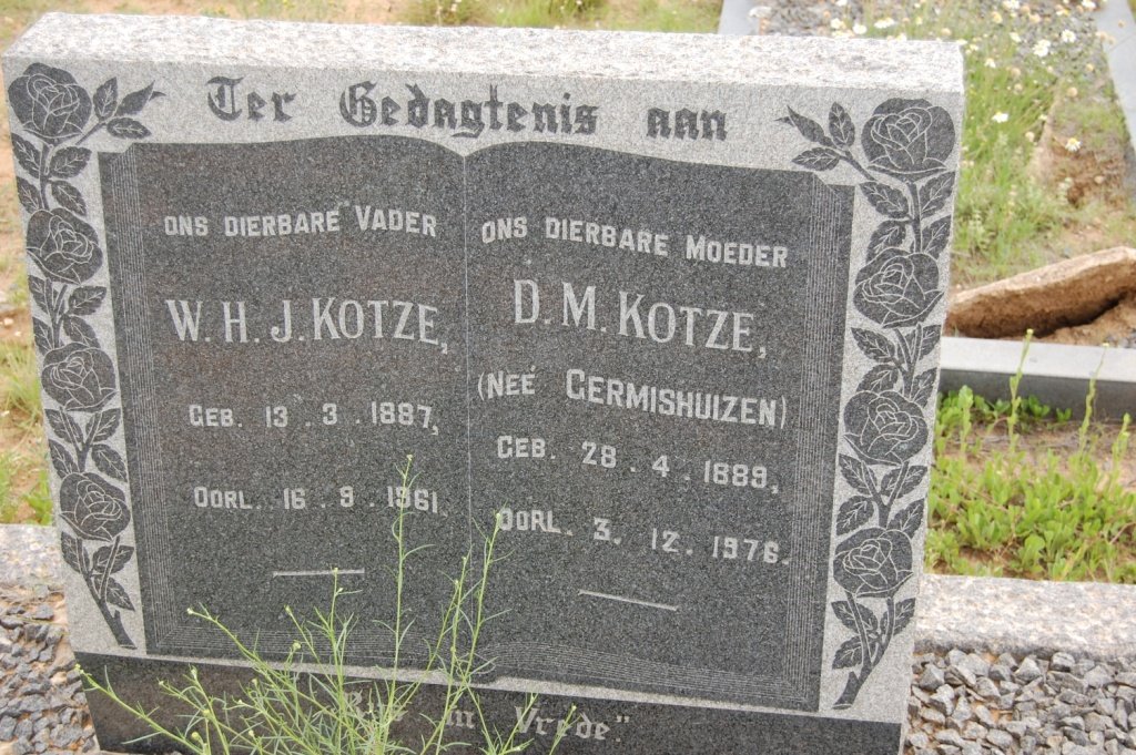 KOTZE W.H.J. 1887-1961 &amp; D M nee GERMISHUIZEN 1889-1976