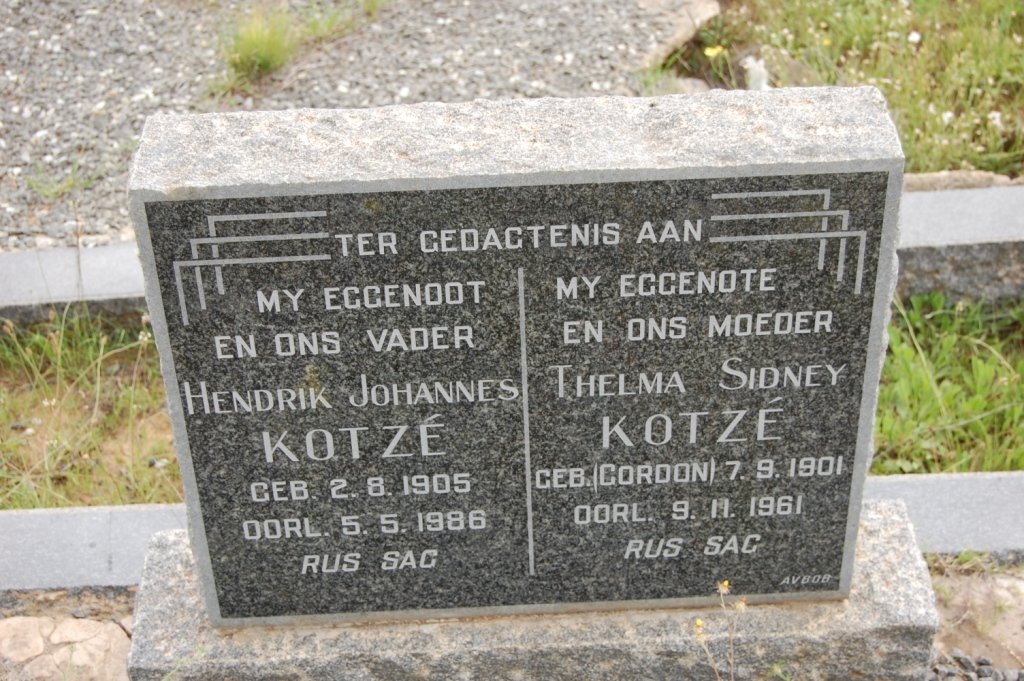 KOTZE Hendrik Johannes 1905-1986 &amp; Thelma Sidney GORDON 1901-1961