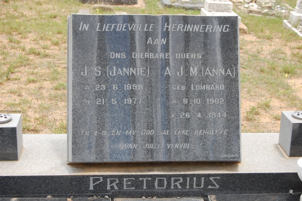 PRETORIUS Jannie S. 1898-1977 &amp; Anna J.M. LOMBARD 1902-1944