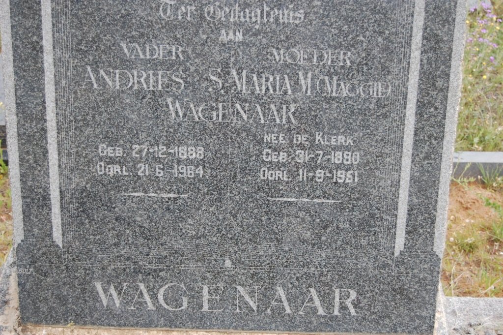 WAGENAAR Andries 1888-1964 &amp; Maria M. DE KLERK 1890-1951